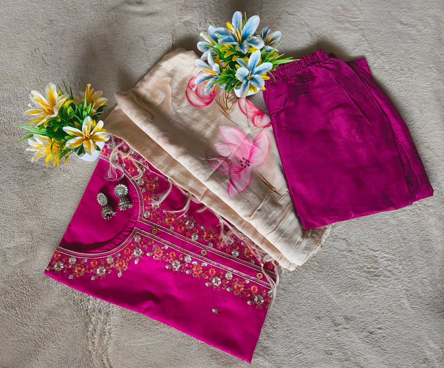 Beautiful Magenta Pink colour Hand  Embroidery suit with Brush Printed Beautiful Dupatta