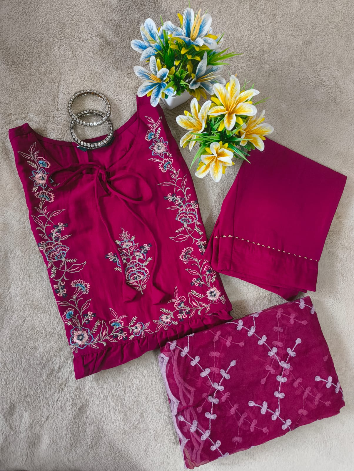 Magenta Floral Hand Embroidered Kurta Set with Heavy Embroidery Dupatta