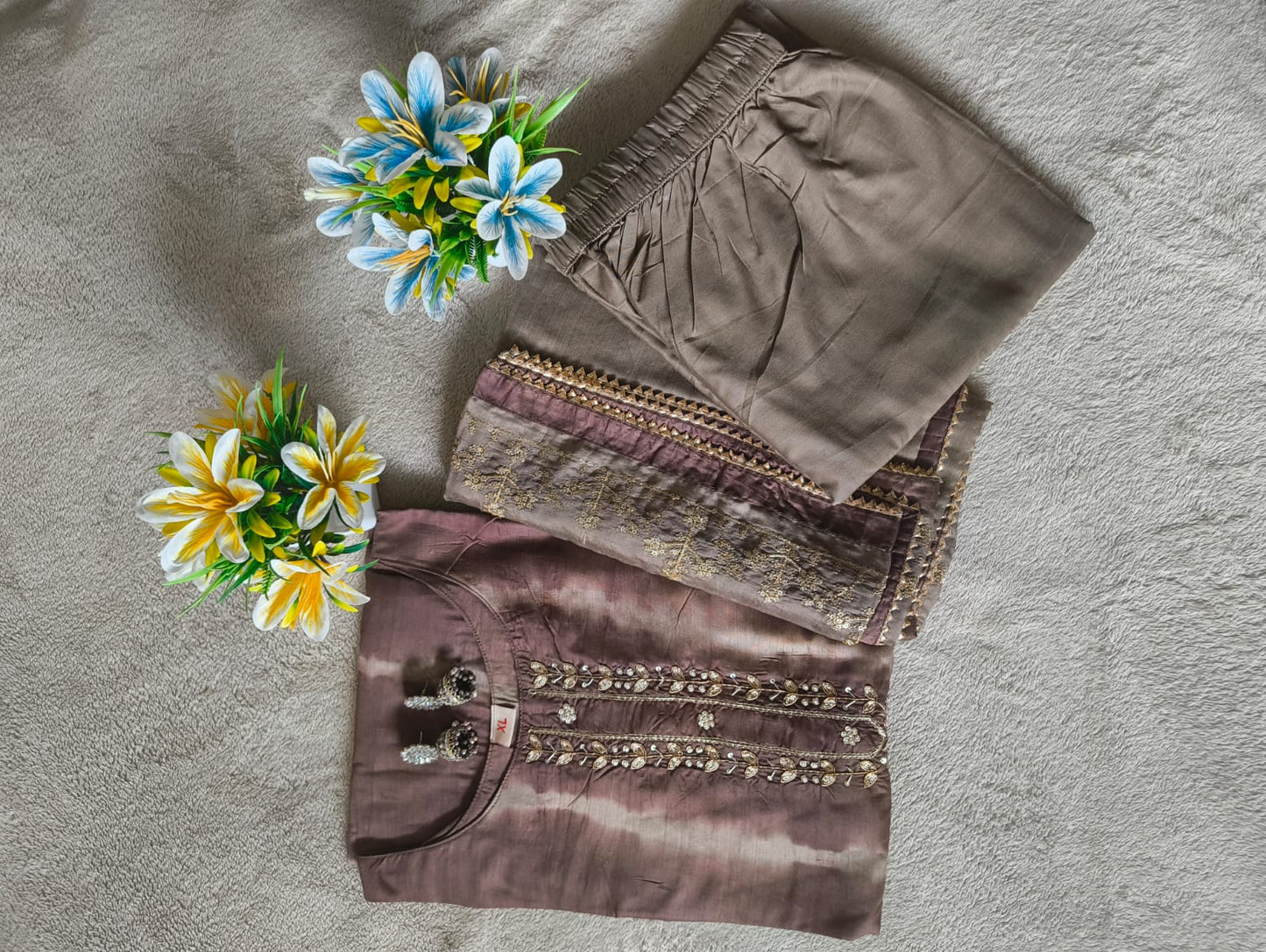 Beautiful Tie & Dye Embroidered Set with Pants in Dual shade with Heavy Embroidery Dupatta