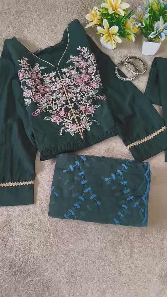 Beautiful Bottle Green Embroidered 3piece trousers suit with Heavy Embroidery dupatta.