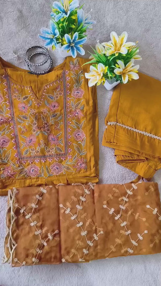 Beautiful Embroidered 3piece trousers suit with Heavy Embroidery dupatta.