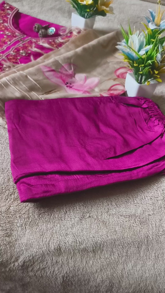 Beautiful Magenta Pink colour Hand  Embroidery suit with Brush Printed Beautiful Dupatta