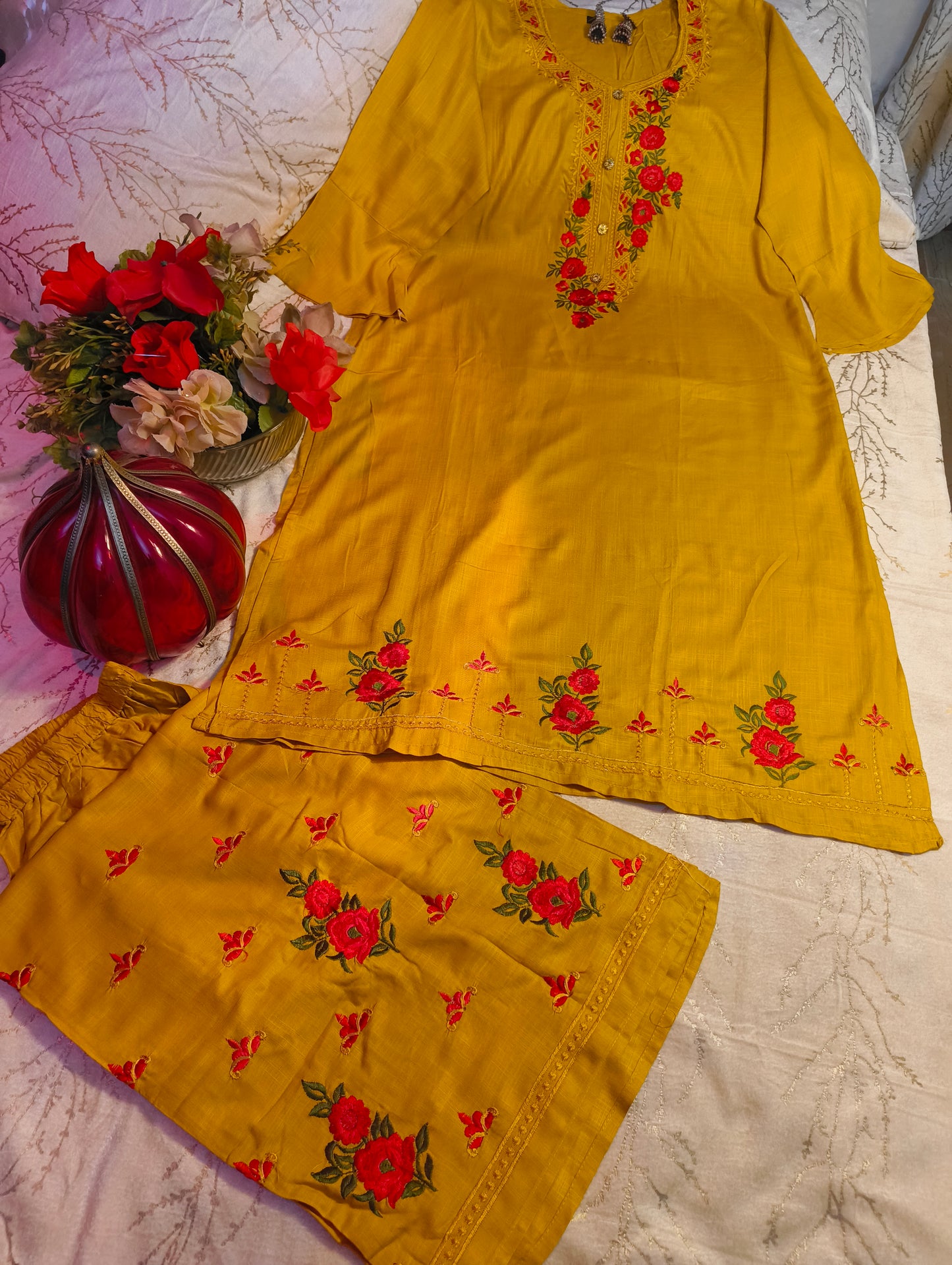 Mustard Embroidery suit with plazo