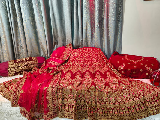Bollywood Inspired Beautiful Redish Maroon colour Full Flair Heavy Embroidery Bridal Lehnga with Heavy lace and Embroidery Dupatta and Blouse piece with cancan