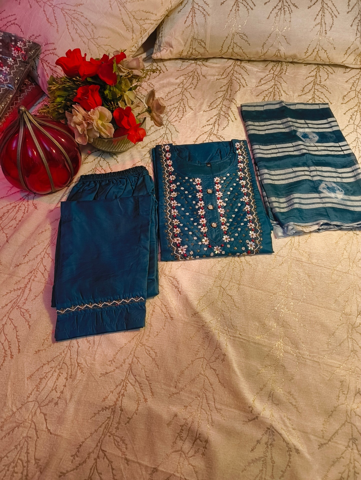 Blue Heavy Neck Embroidery 3 Piece trouser suit with Dupatta work