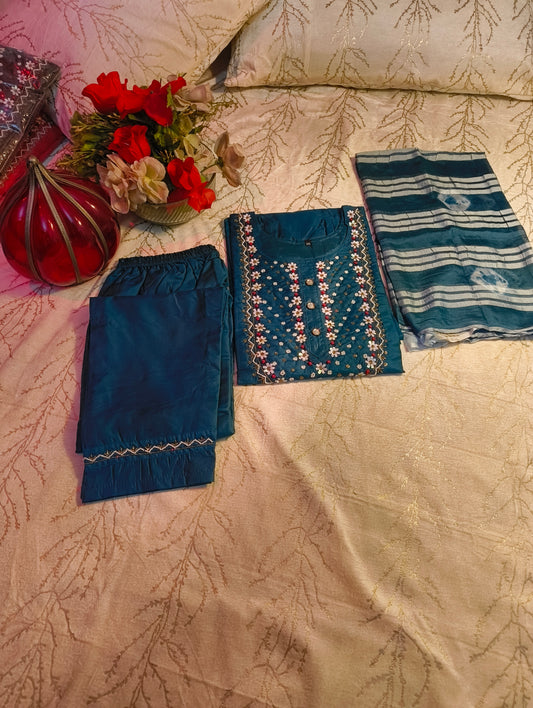 Blue Heavy Neck Embroidery 3 Piece trouser suit with Dupatta work