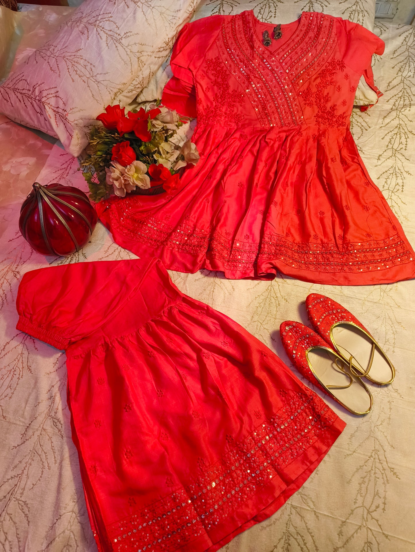 Beautiful Red colour Heavy Embroidery sequence work party wear sharara suit with matching juti.