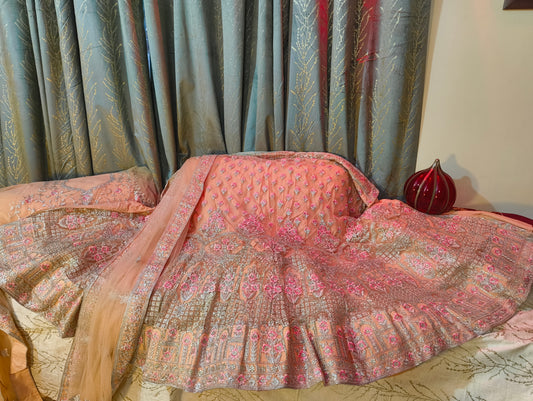 Bollywood Peach Inspired Beautiful Multi colour Full Flair Heavy Embroidery Lehnga with Heavy lace dupatta and Blouse piece with cancan