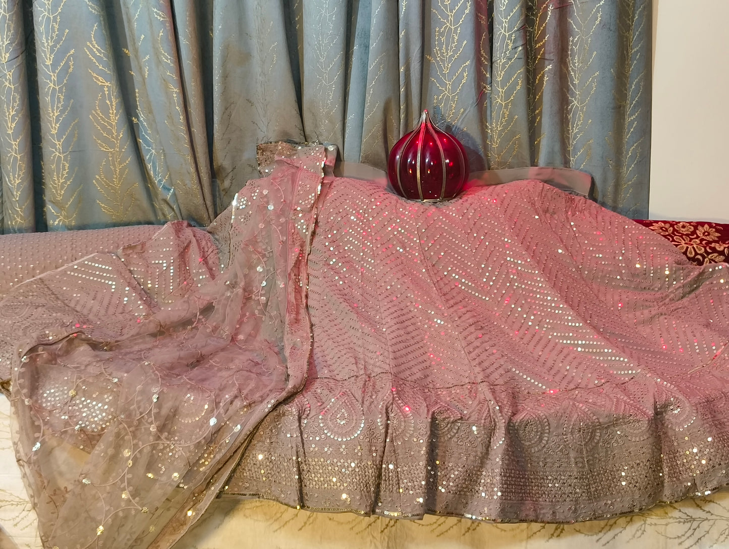 Bollywood Inspired Beautiful Grey colour Full Flair Chicken Curry Embroidery Lehnga with Heavy Embroidery dupatta and Blouse piece with cancan