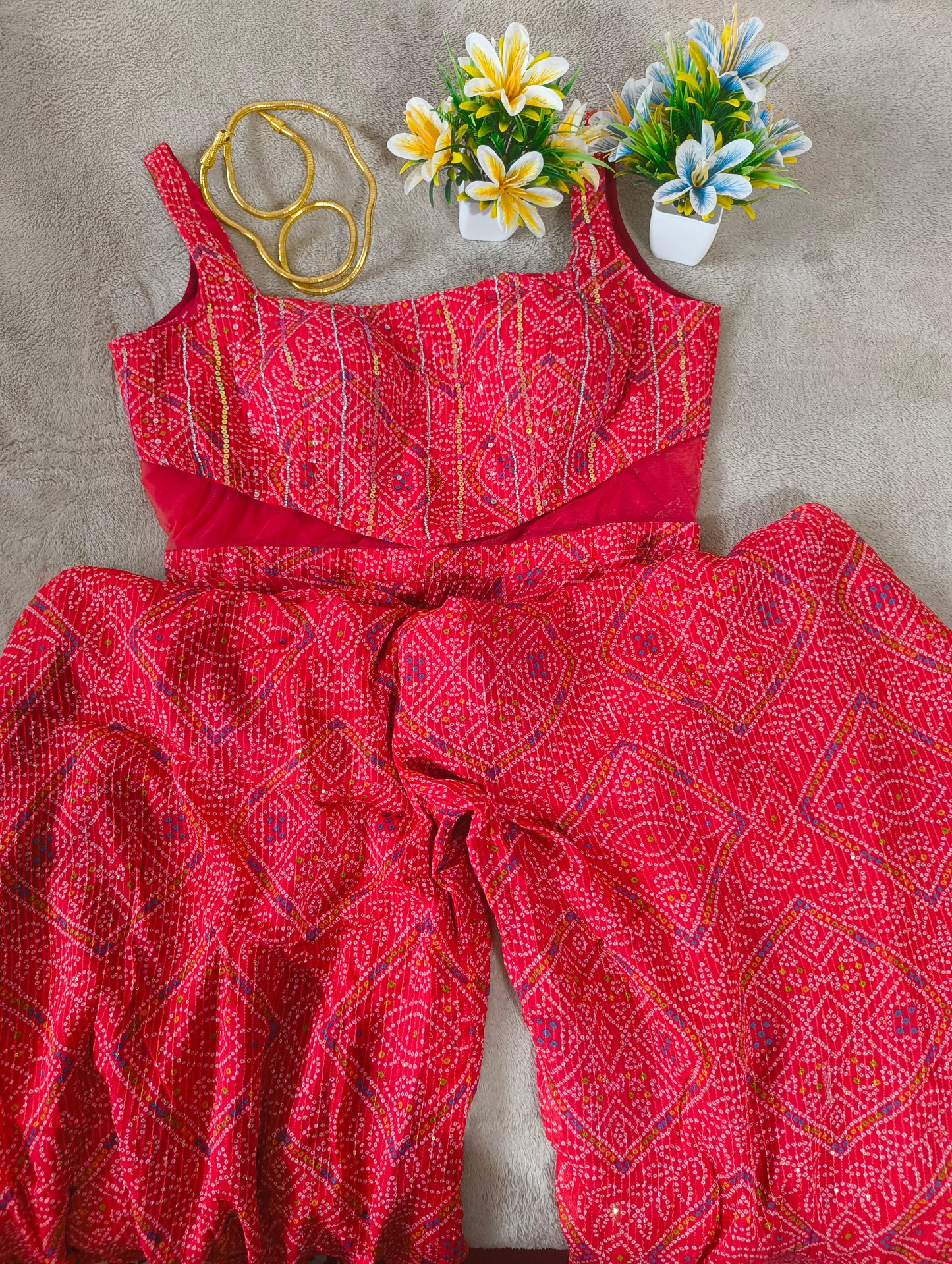 Bollywood inspired Red Colour Beautiful Printed Dress with sequence Hand work all over with mash cut look.