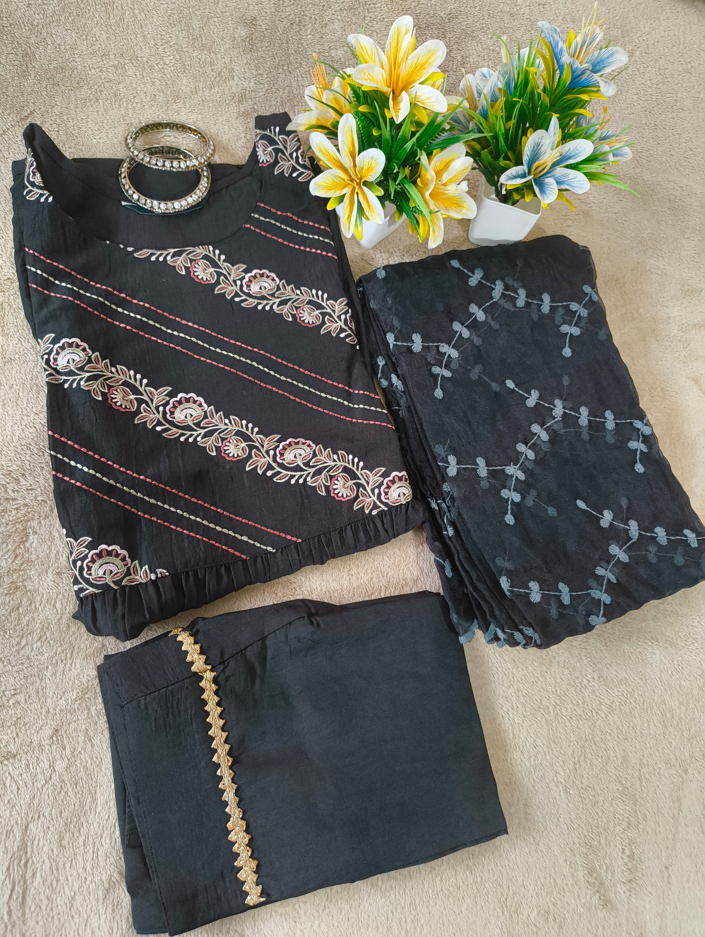 Beautiful Black Embroidered 3piece trousers suit with Heavy Embroidery dupatta.