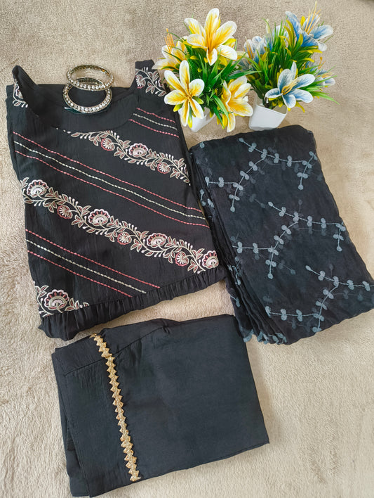 Beautiful Black Embroidered 3piece trousers suit with Heavy Embroidery dupatta.