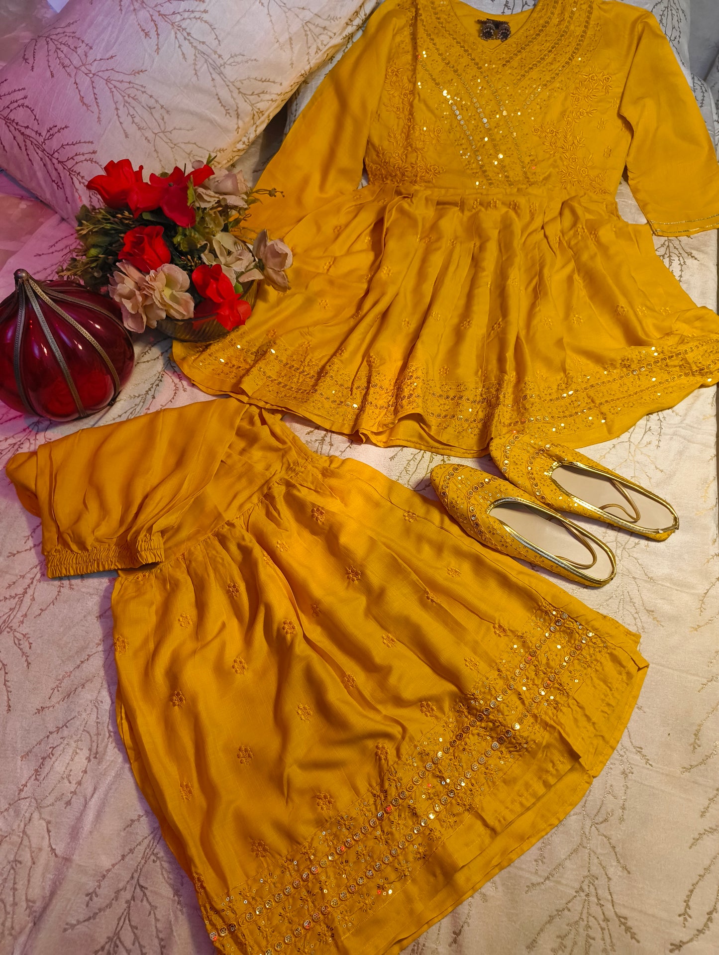Beautiful Mustard Heavy Embroidery sequence work party wear sharara suit with matching juti.