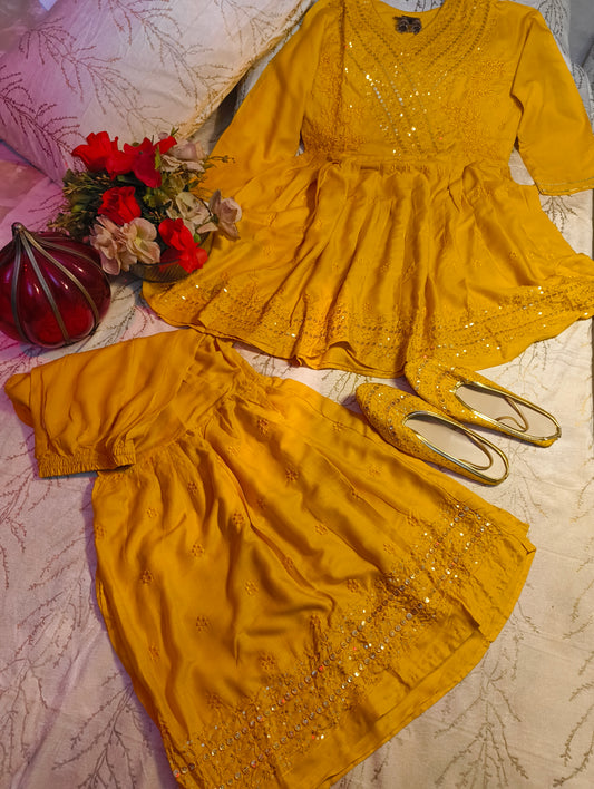 Beautiful Mustard Heavy Embroidery sequence work party wear sharara suit with matching juti.