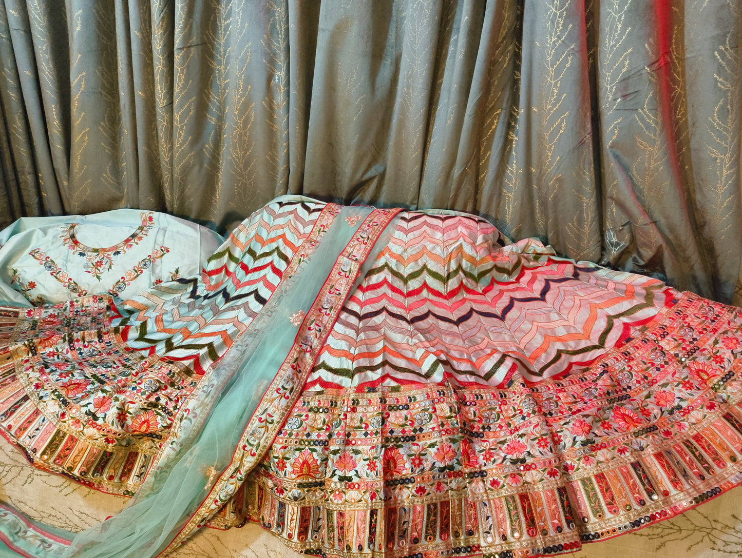 Bollywood Inspired Beautiful Multi colour Full Flair Heavy Embroidery Lehnga with Heavy lace dupatta and Blouse piece with cancan