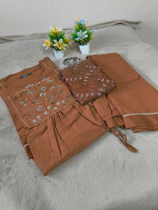 Beautiful Embroidered 3piece trousers suit with Heavy Embroidery dupatta.
