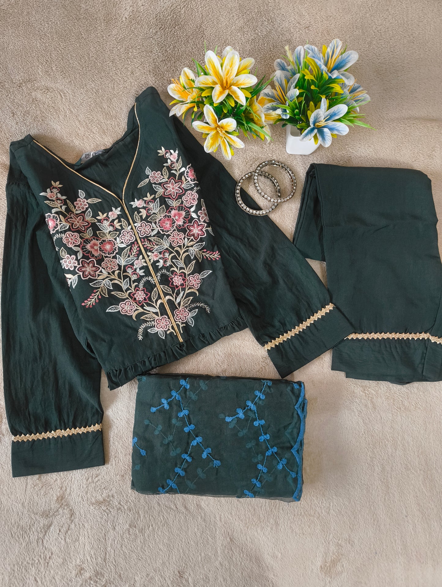 Beautiful Bottle Green Embroidered 3piece trousers suit with Heavy Embroidery dupatta.