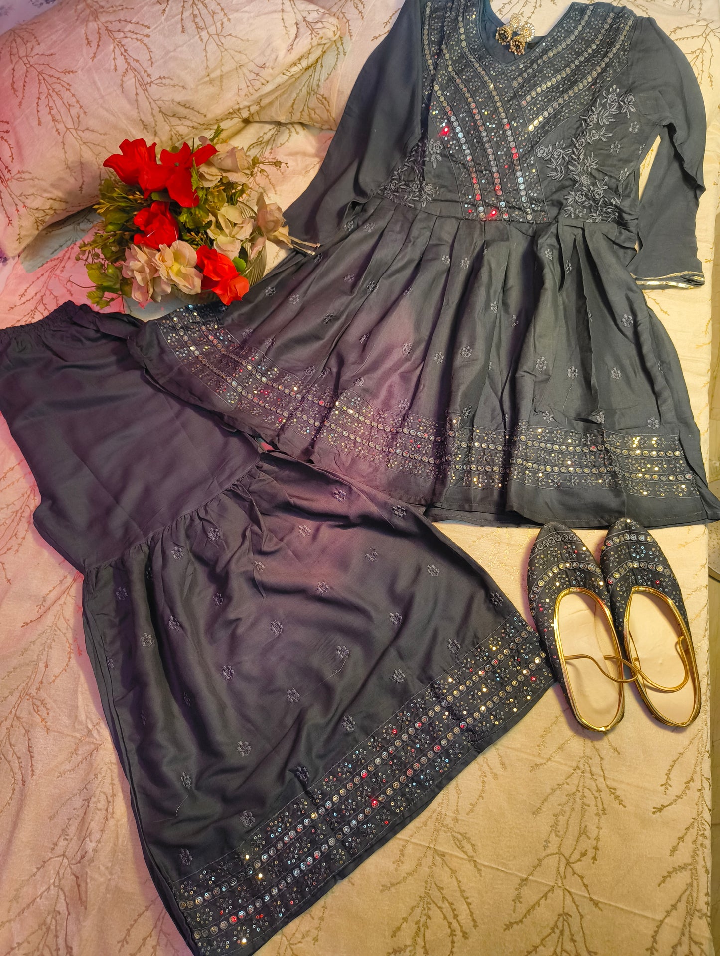 Grey colour Beautiful Heavy Embroidery  sequence work party wear sharara suit with matching juti.