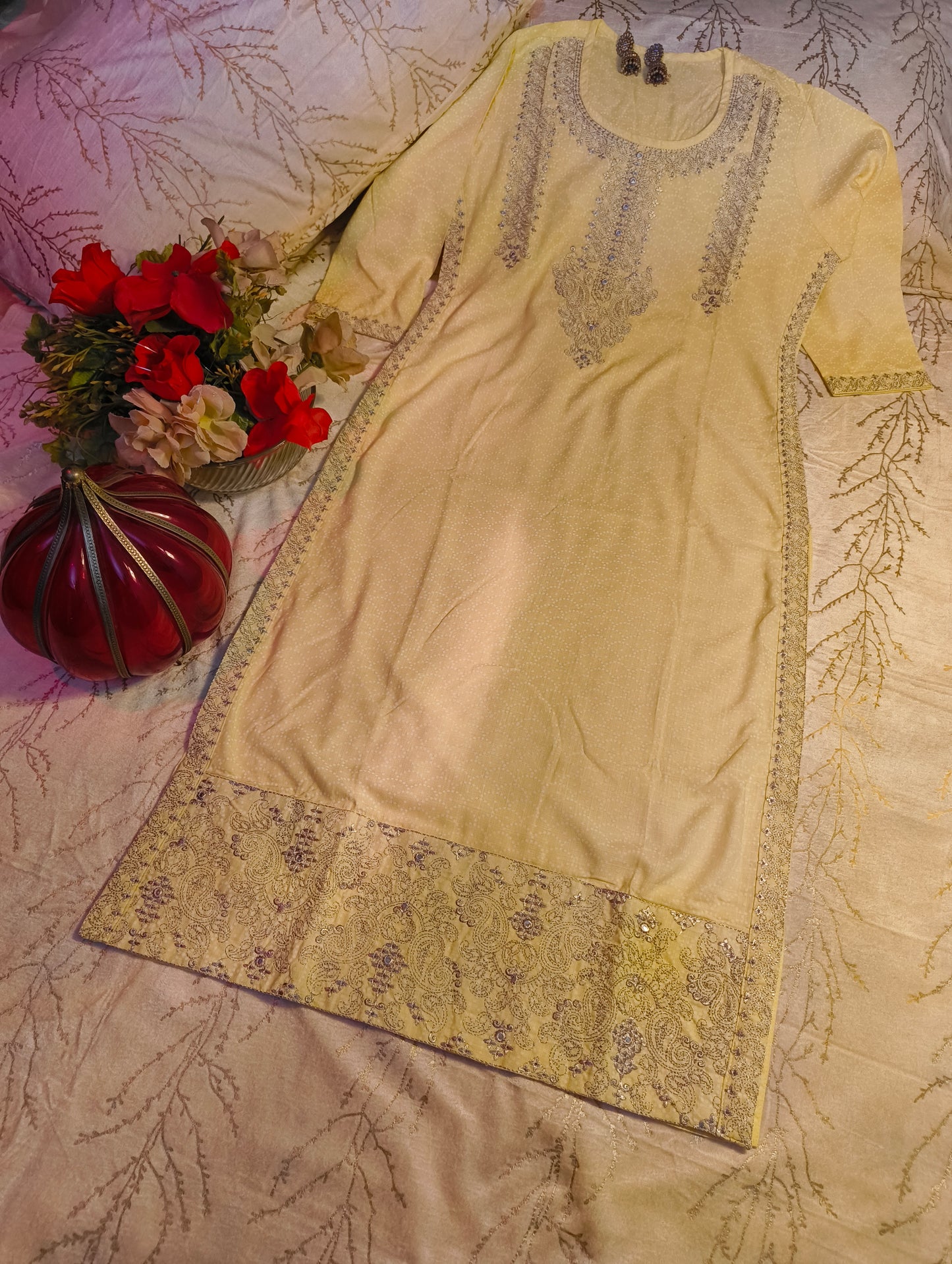 Lemon Colour tilla work party Kurti