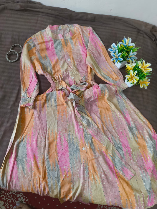 Multi Colour Beautiful Dress with elastic at the sides with a belt look
