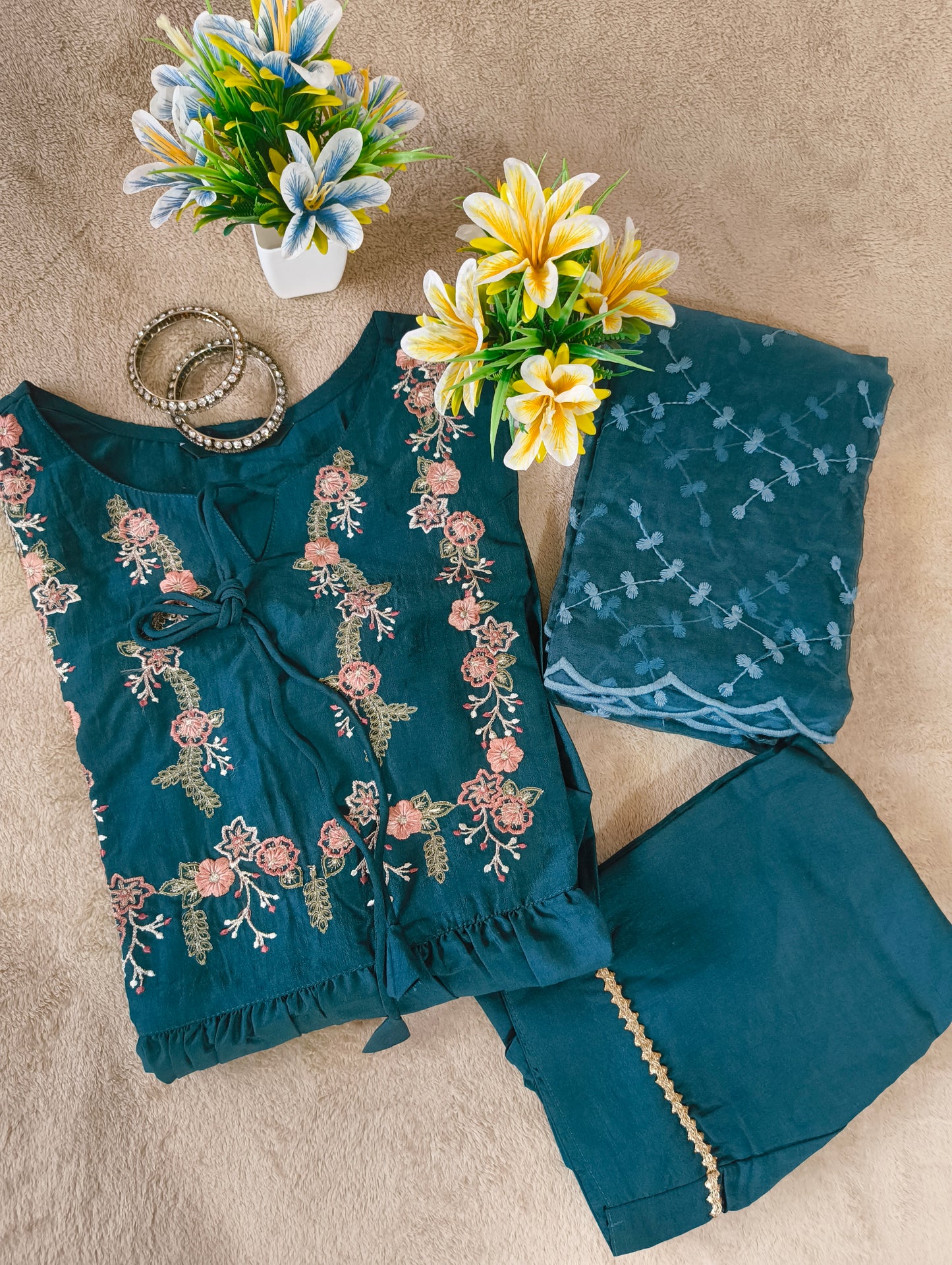 Beautiful Teal blue Embroidered 3piece trousers suit with Heavy Embroidery dupatta.